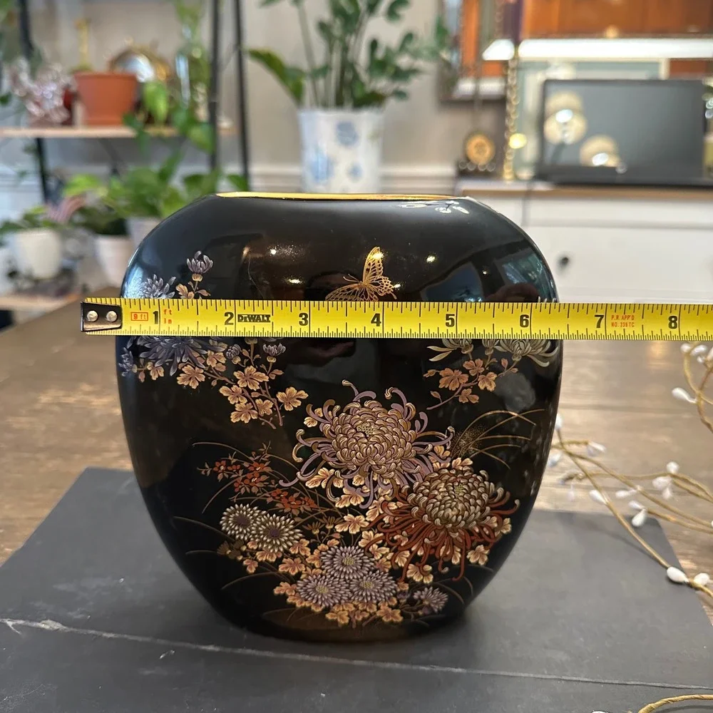 Vintage Japanese Black Porcelain Thin Vase Decor Chrysanthemum Butterfly 7 inch